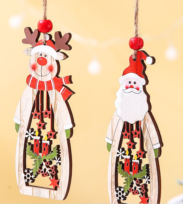HKM-141843 Wooden Hollow Long Pendant for Christmas - Old Man, Snowman, or Elk Decor