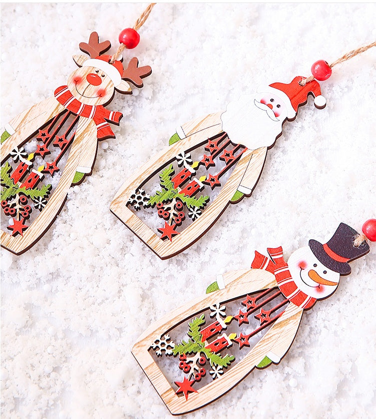 HKM-141843 Wooden Hollow Long Pendant for Christmas - Old Man, Snowman, or Elk Decor