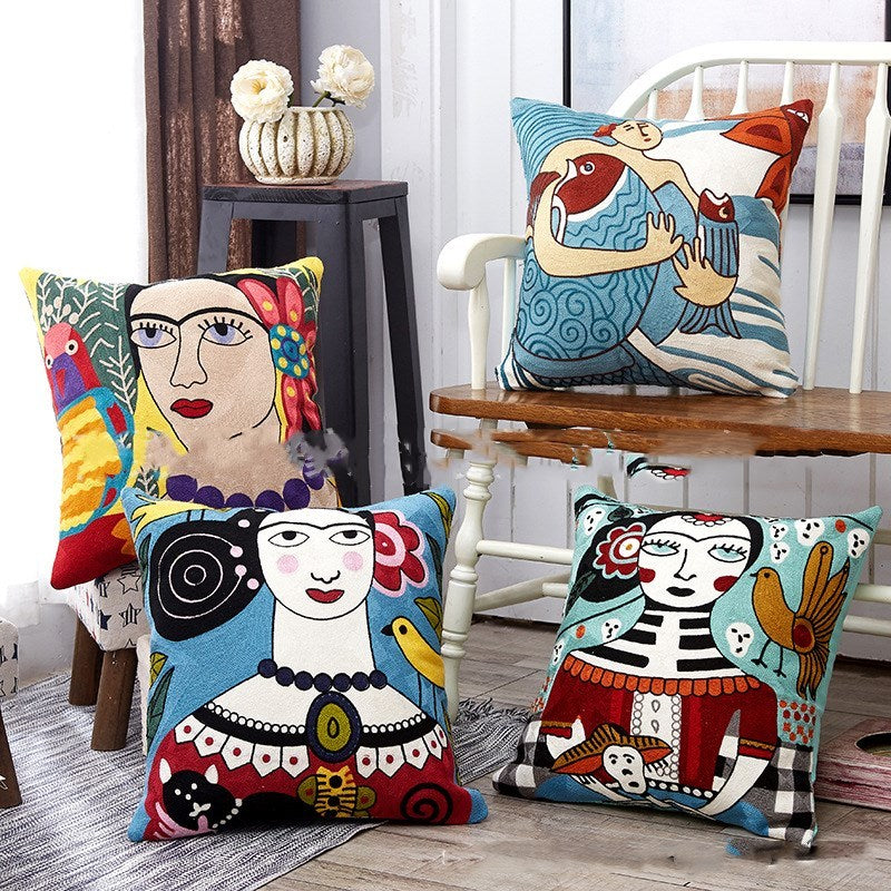 HKM-142035 Wool Embroidered National Style Cushion with PP Cotton Filling - 45x45cm