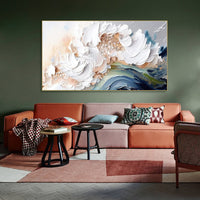 HKM-142163 Handmade Modern Abstract Oil Painting with Heavy Texture - White Waves on Canvas, Large Size Art for Home and Restaurant Decor