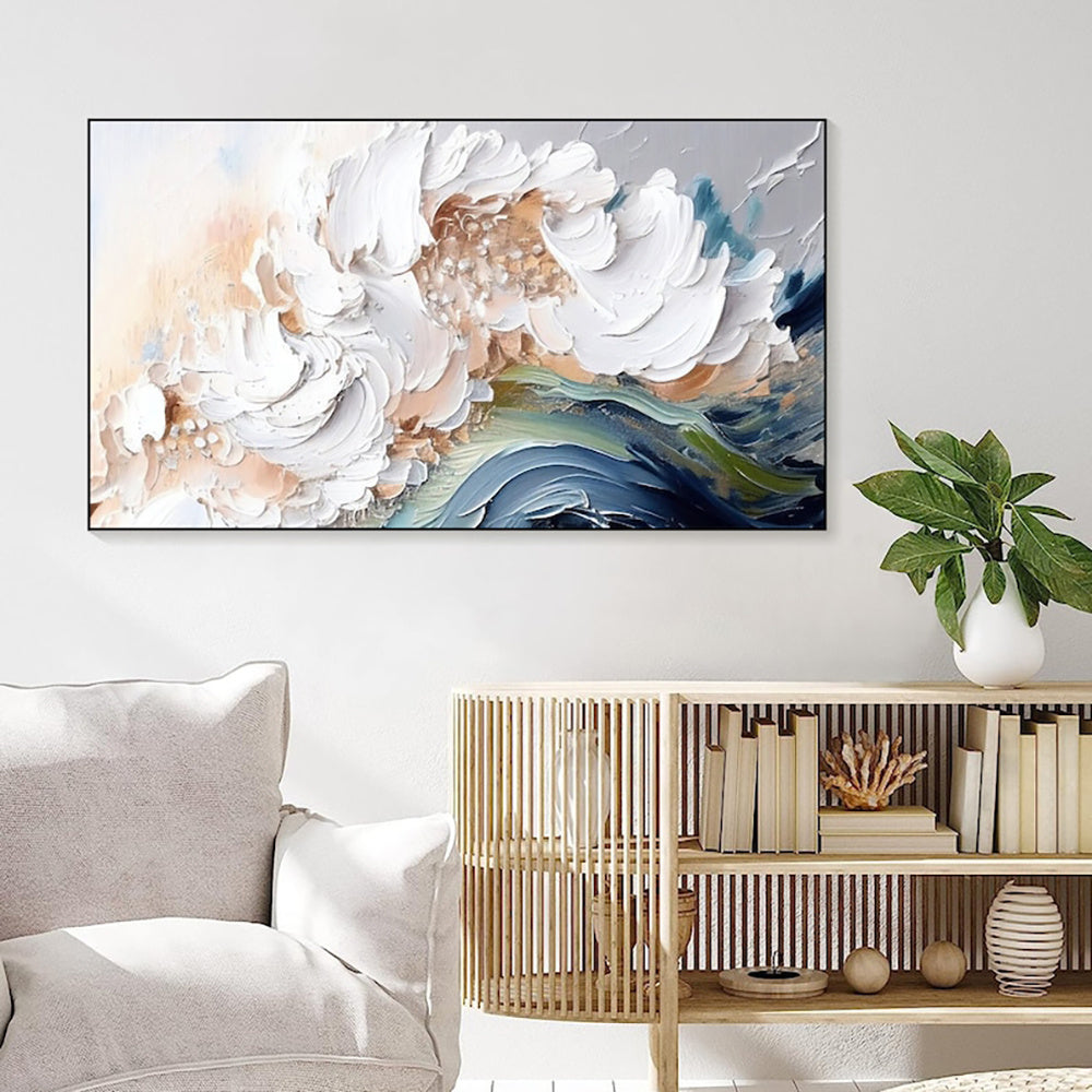 HKM-142163 Handmade Modern Abstract Oil Painting with Heavy Texture - White Waves on Canvas, Large Size Art for Home and Restaurant Decor