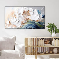 HKM-142163 Handmade Modern Abstract Oil Painting with Heavy Texture - White Waves on Canvas, Large Size Art for Home and Restaurant Decor