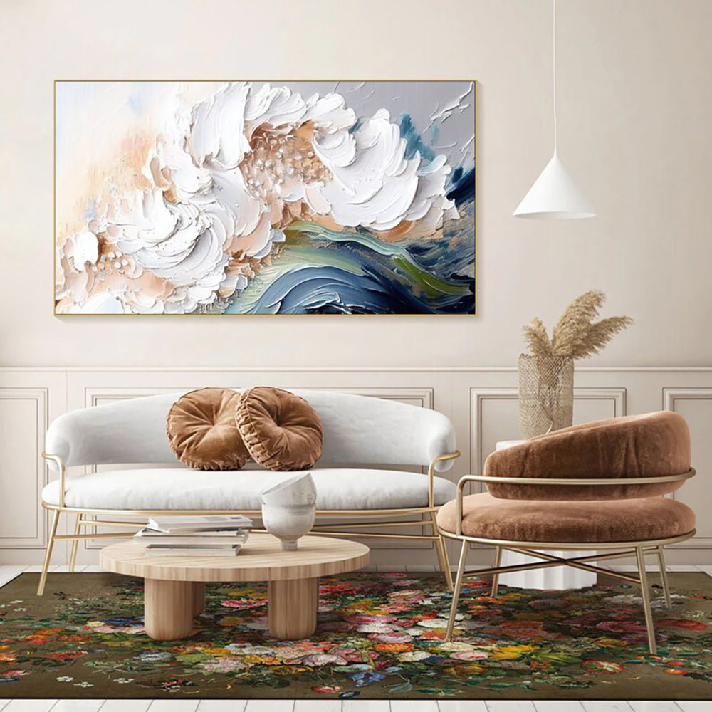 HKM-142163 Handmade Modern Abstract Oil Painting with Heavy Texture - White Waves on Canvas, Large Size Art for Home and Restaurant Decor