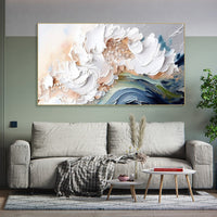 HKM-142163 Handmade Modern Abstract Oil Painting with Heavy Texture - White Waves on Canvas, Large Size Art for Home and Restaurant Decor