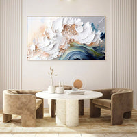 HKM-142163 Handmade Modern Abstract Oil Painting with Heavy Texture - White Waves on Canvas, Large Size Art for Home and Restaurant Decor