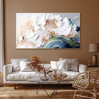 HKM-142163 Handmade Modern Abstract Oil Painting with Heavy Texture - White Waves on Canvas, Large Size Art for Home and Restaurant Decor