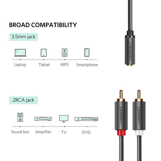 HKM-142419 3.5mm Female to 2 RCA Male Audio Cable - 25cm, Gold-Plated Connectors, Tinned Copper Core
