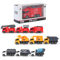 HKM-142483 Friction Inertia Diecast Truck Model Set - Excavator, Fire Fighting Sprinkler, Garbage Truck for Kids
