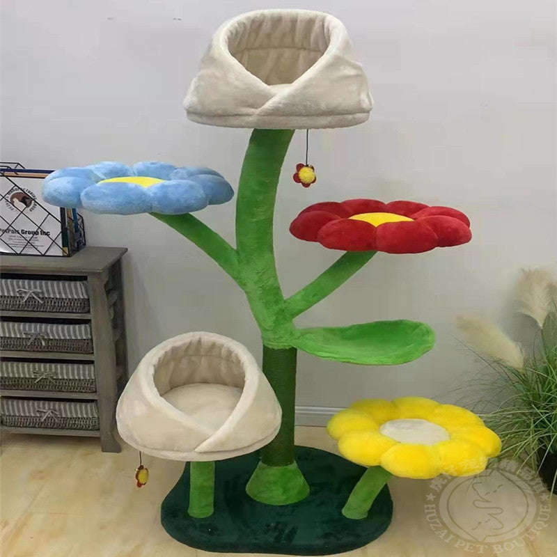 HKM-142739 Flower-Shaped Integrated Cat Climbing Frame with Grasping Board - 162cm Tall, Plush and Iron Design