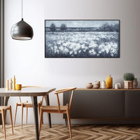 HKM-143315 Handmade Black and White Landscape Oil Painting with Little White Flowers on Canvas - Unstretched Wall Art for Home Decor