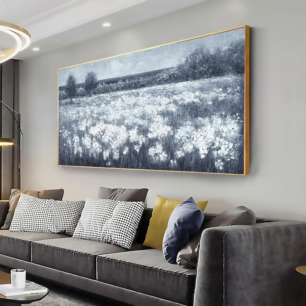 HKM-143315 Handmade Black and White Landscape Oil Painting with Little White Flowers on Canvas - Unstretched Wall Art for Home Decor