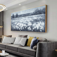 HKM-143315 Handmade Black and White Landscape Oil Painting with Little White Flowers on Canvas - Unstretched Wall Art for Home Decor