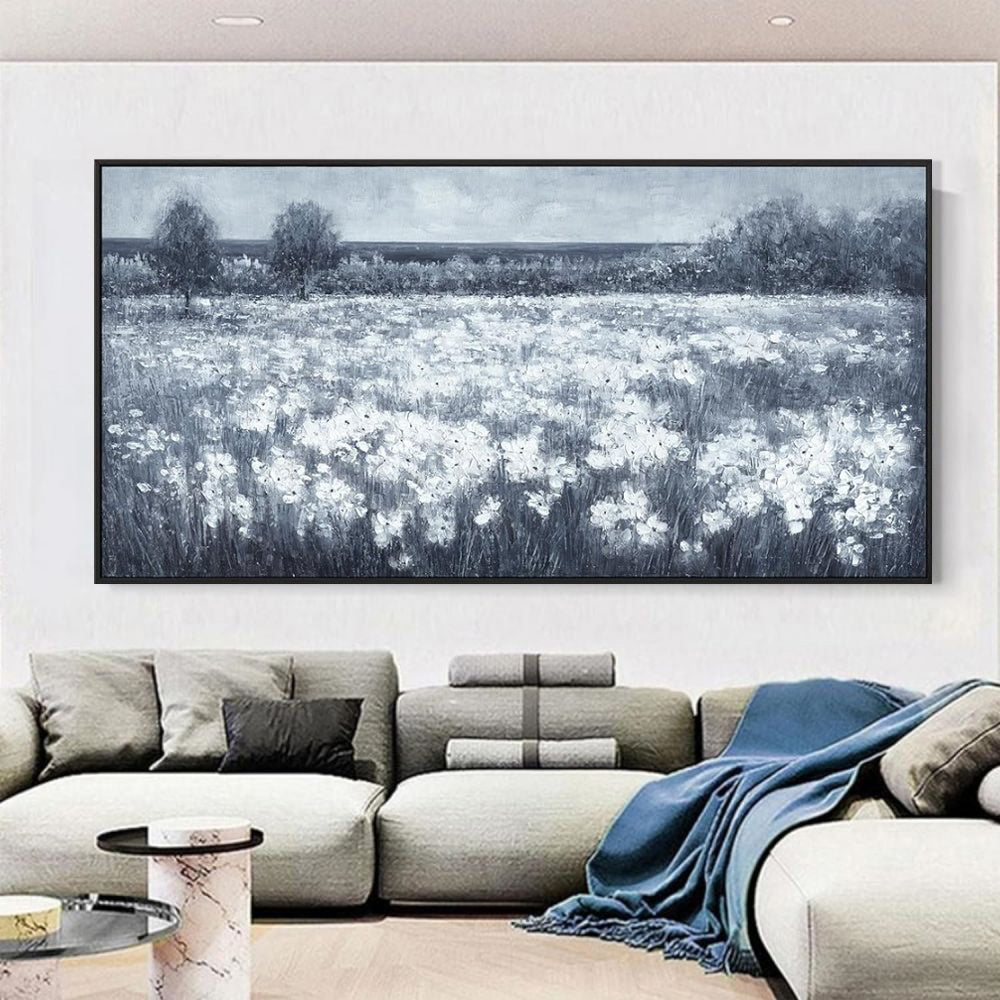 HKM-143315 Handmade Black and White Landscape Oil Painting with Little White Flowers on Canvas - Unstretched Wall Art for Home Decor