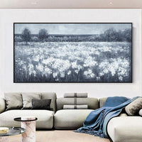 HKM-143315 Handmade Black and White Landscape Oil Painting with Little White Flowers on Canvas - Unstretched Wall Art for Home Decor