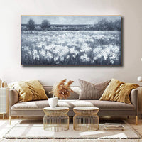 HKM-143315 Handmade Black and White Landscape Oil Painting with Little White Flowers on Canvas - Unstretched Wall Art for Home Decor