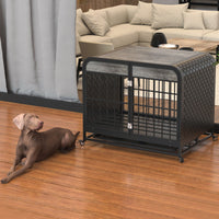 HKM-143379 Durable Wooden Dog Crate Table with Removable Tray and Lockable Wheels - 33 Inch Grey