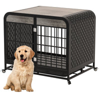 HKM-143379 Durable Wooden Dog Crate Table with Removable Tray and Lockable Wheels - 33 Inch Grey