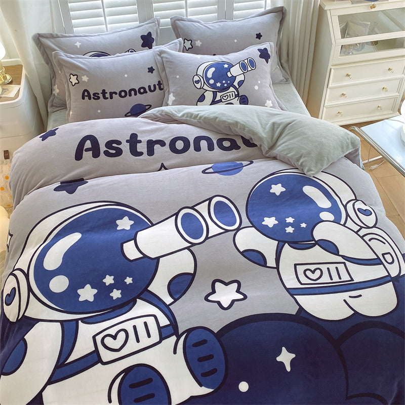 HKM-143699 Cozy Cartoon Coral Velvet Bed Set with Four-Piece Winter Flannel Sheets