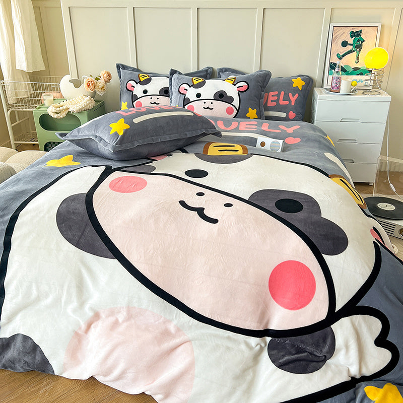 HKM-143699 Cozy Cartoon Coral Velvet Bed Set with Four-Piece Winter Flannel Sheets