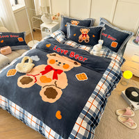 HKM-143699 Cozy Cartoon Coral Velvet Bed Set with Four-Piece Winter Flannel Sheets