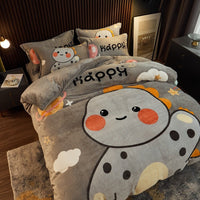 HKM-143699 Cozy Cartoon Coral Velvet Bed Set with Four-Piece Winter Flannel Sheets