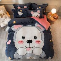 HKM-143699 Cozy Cartoon Coral Velvet Bed Set with Four-Piece Winter Flannel Sheets