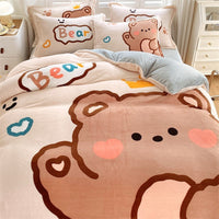 HKM-143699 Cozy Cartoon Coral Velvet Bed Set with Four-Piece Winter Flannel Sheets