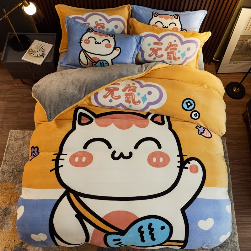 HKM-143699 Cozy Cartoon Coral Velvet Bed Set with Four-Piece Winter Flannel Sheets