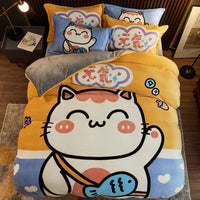 HKM-143699 Cozy Cartoon Coral Velvet Bed Set with Four-Piece Winter Flannel Sheets
