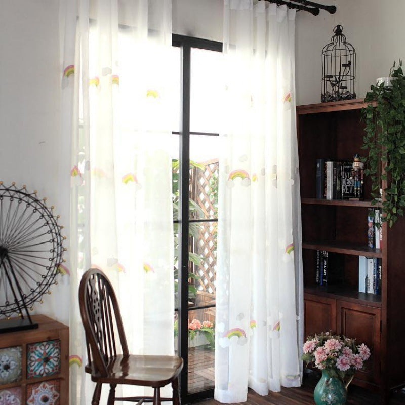 HKM-144083 Rainbow Gauze Curtains with Pastoral Embroidery for Children's Rooms and Balconies