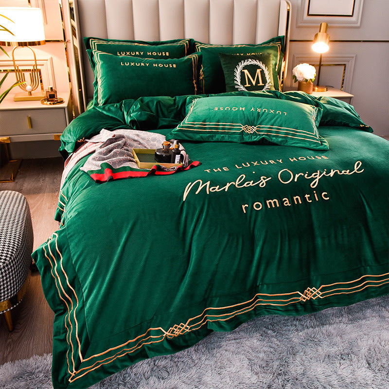 HKM-144211 Milk Velvet Embroidery Four-Piece Bedding Set for Various Bed Sizes