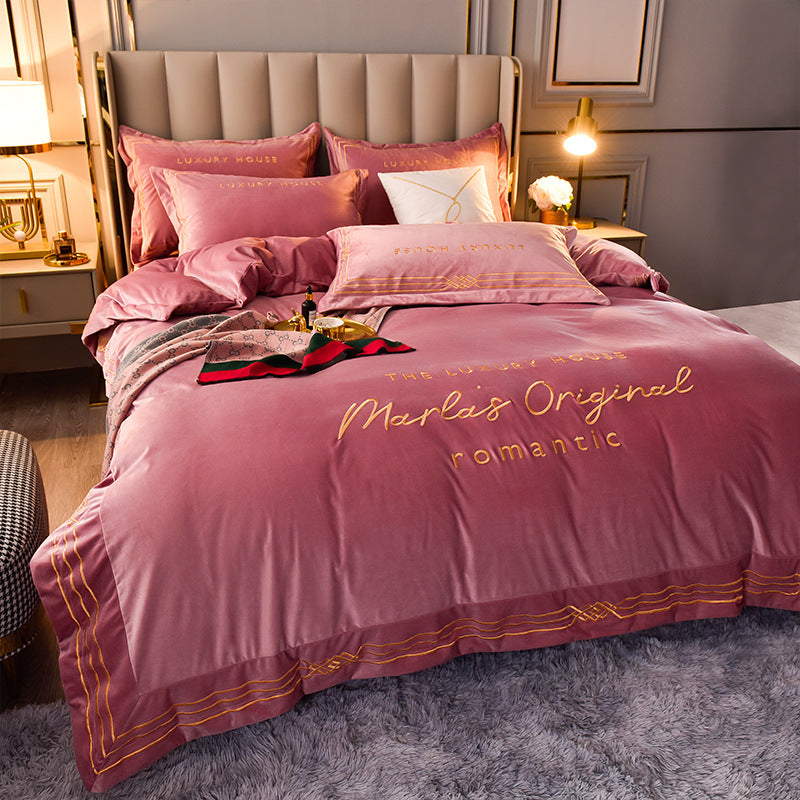 HKM-144211 Milk Velvet Embroidery Four-Piece Bedding Set for Various Bed Sizes