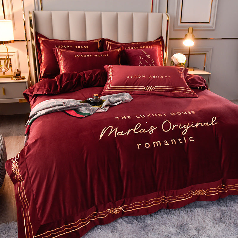 HKM-144211 Milk Velvet Embroidery Four-Piece Bedding Set for Various Bed Sizes