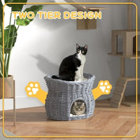 HKM-144531 Elevated 2-Tier Wicker Cat House with Washable Cushion, Grey Pet Bed and Play Tower