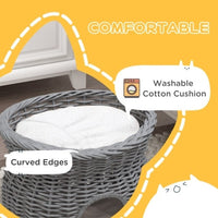 HKM-144531 Elevated 2-Tier Wicker Cat House with Washable Cushion, Grey Pet Bed and Play Tower