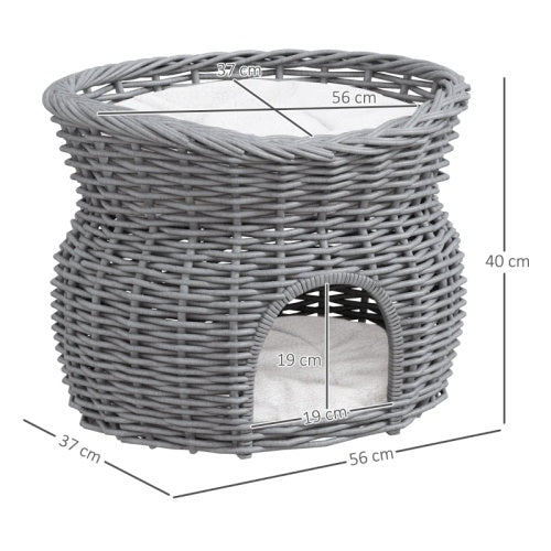 HKM-144531 Elevated 2-Tier Wicker Cat House with Washable Cushion, Grey Pet Bed and Play Tower