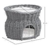 HKM-144531 Elevated 2-Tier Wicker Cat House with Washable Cushion, Grey Pet Bed and Play Tower