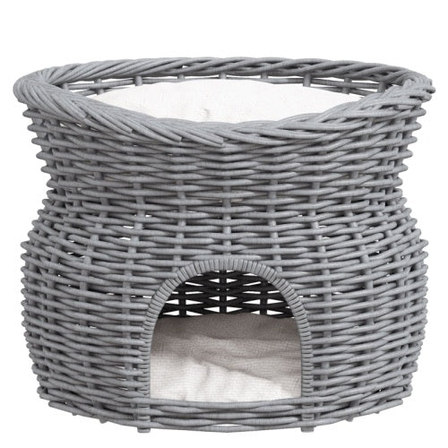 HKM-144531 Elevated 2-Tier Wicker Cat House with Washable Cushion, Grey Pet Bed and Play Tower