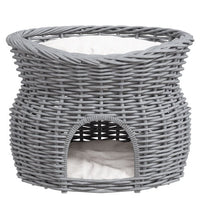 HKM-144531 Elevated 2-Tier Wicker Cat House with Washable Cushion, Grey Pet Bed and Play Tower