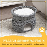 HKM-144531 Elevated 2-Tier Wicker Cat House with Washable Cushion, Grey Pet Bed and Play Tower