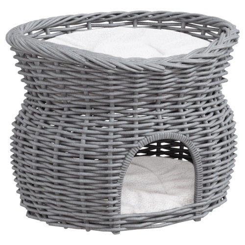 HKM-144531 Elevated 2-Tier Wicker Cat House with Washable Cushion, Grey Pet Bed and Play Tower