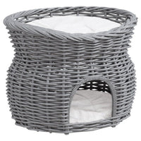 HKM-144531 Elevated 2-Tier Wicker Cat House with Washable Cushion, Grey Pet Bed and Play Tower