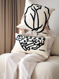 HKM-145363 Nordic Art Embroidery Pillowcase with Black and White Lines - Cute Leopard and Doze Girl Designs, Square Cushions with Pillow Core Included