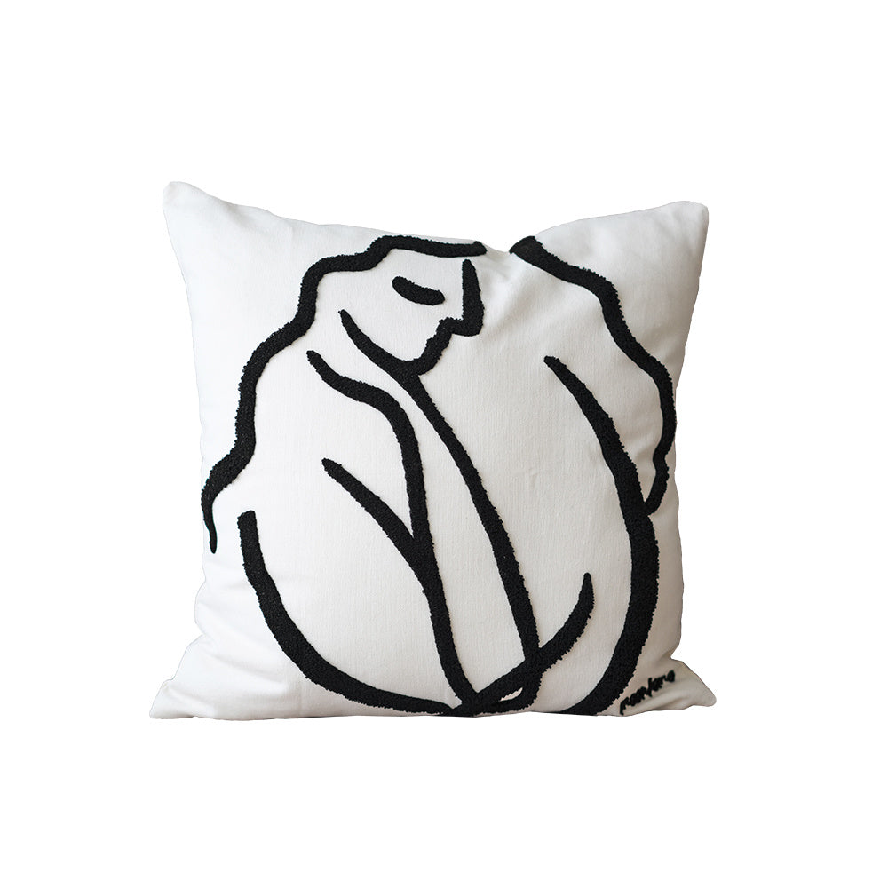 HKM-145363 Nordic Art Embroidery Pillowcase with Black and White Lines - Cute Leopard and Doze Girl Designs, Square Cushions with Pillow Core Included
