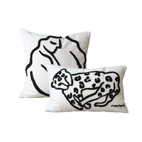 HKM-145363 Nordic Art Embroidery Pillowcase with Black and White Lines - Cute Leopard and Doze Girl Designs, Square Cushions with Pillow Core Included