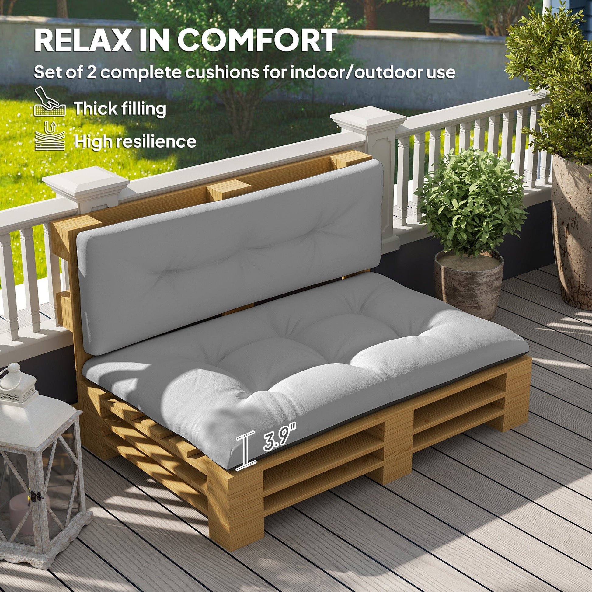 HKM-146067 Outdoor 2-Seater Pallet Cushion Set - Light Gray, Tufted Design with Water-Resistant Polyester Filling