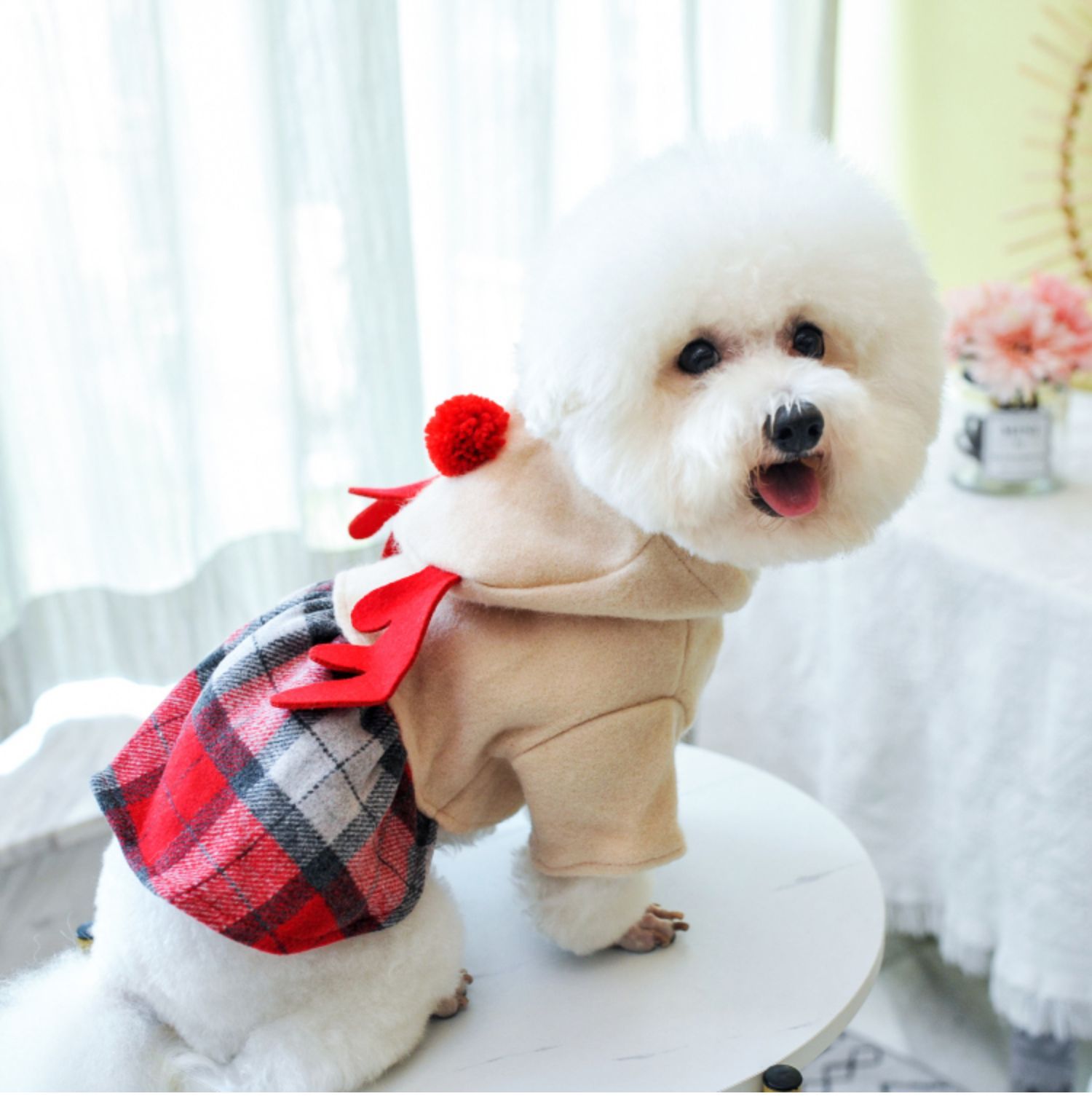 HKM-146131 Red Check Elk Skirt for Dogs and Cats - Warm Casual Polyester Outfit