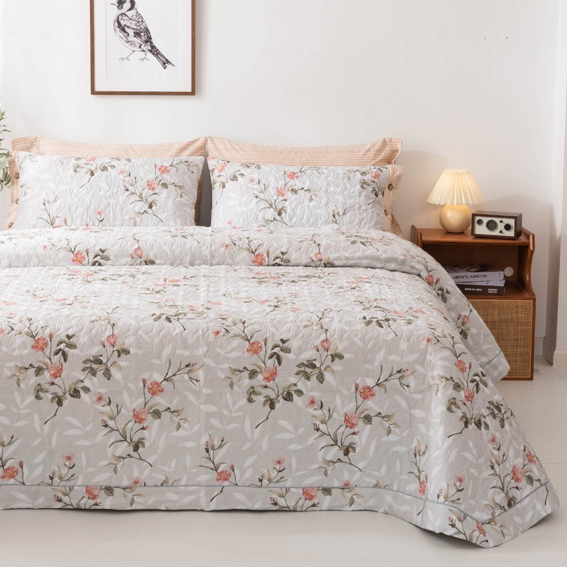 HKM-146515 Cotton Three-Piece Bed Cover Set with Floral and Plant Design for 0.9m Bed
