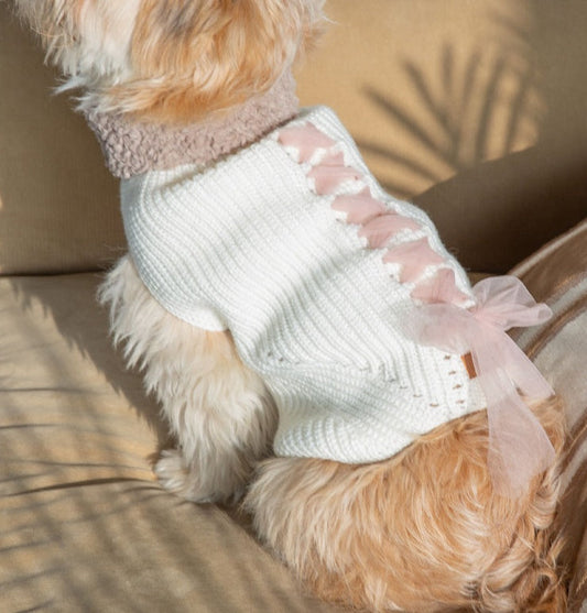 HKM-147987 Cozy Bowknot Sweater for Dogs and Cats in Morandi Yellow and White
