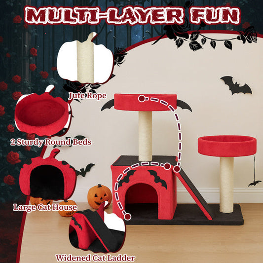 HKM-147987 Gothic Cat Climbing Frame with Condo, Dual Perches, Spider Toy, and Scratch Posts in Red & Black